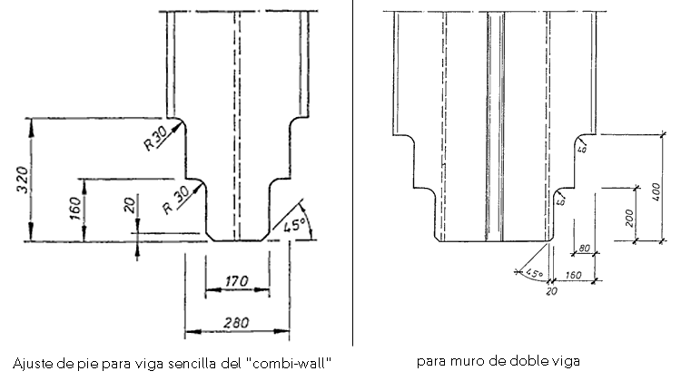 Toe adjustment diagram for single and double beam combined sheet piling walls.